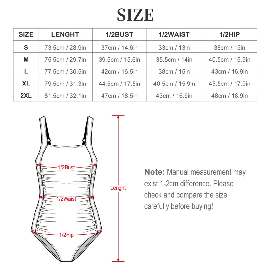 Personalized One Piece Swimsuit for Women, Ruched Front size chart