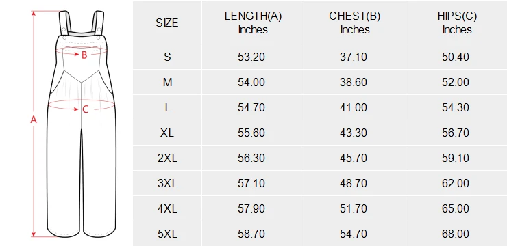 pocket wide leg jumpsuit for women, personalized with your design size chart