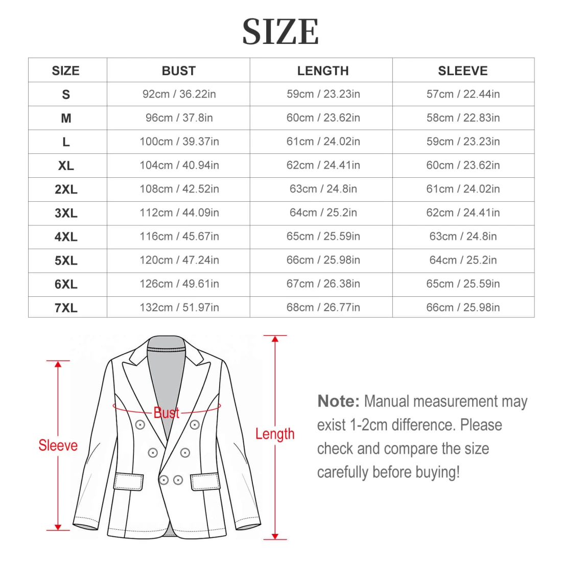 Personalized Double Breasted Blazer for Women size chart