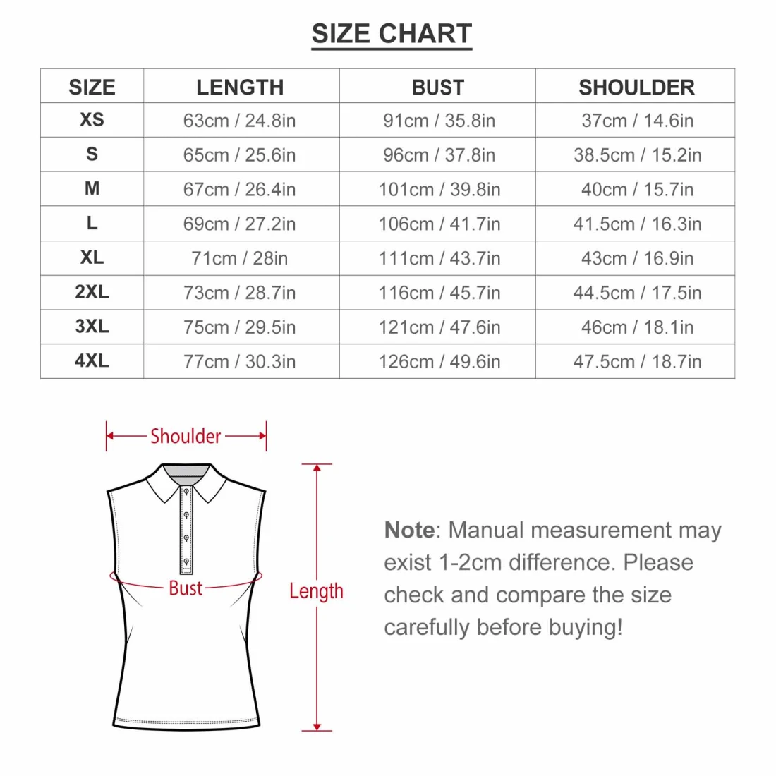 New Sleeveless Polo Tank Top for Women with Your Custom Design size chart