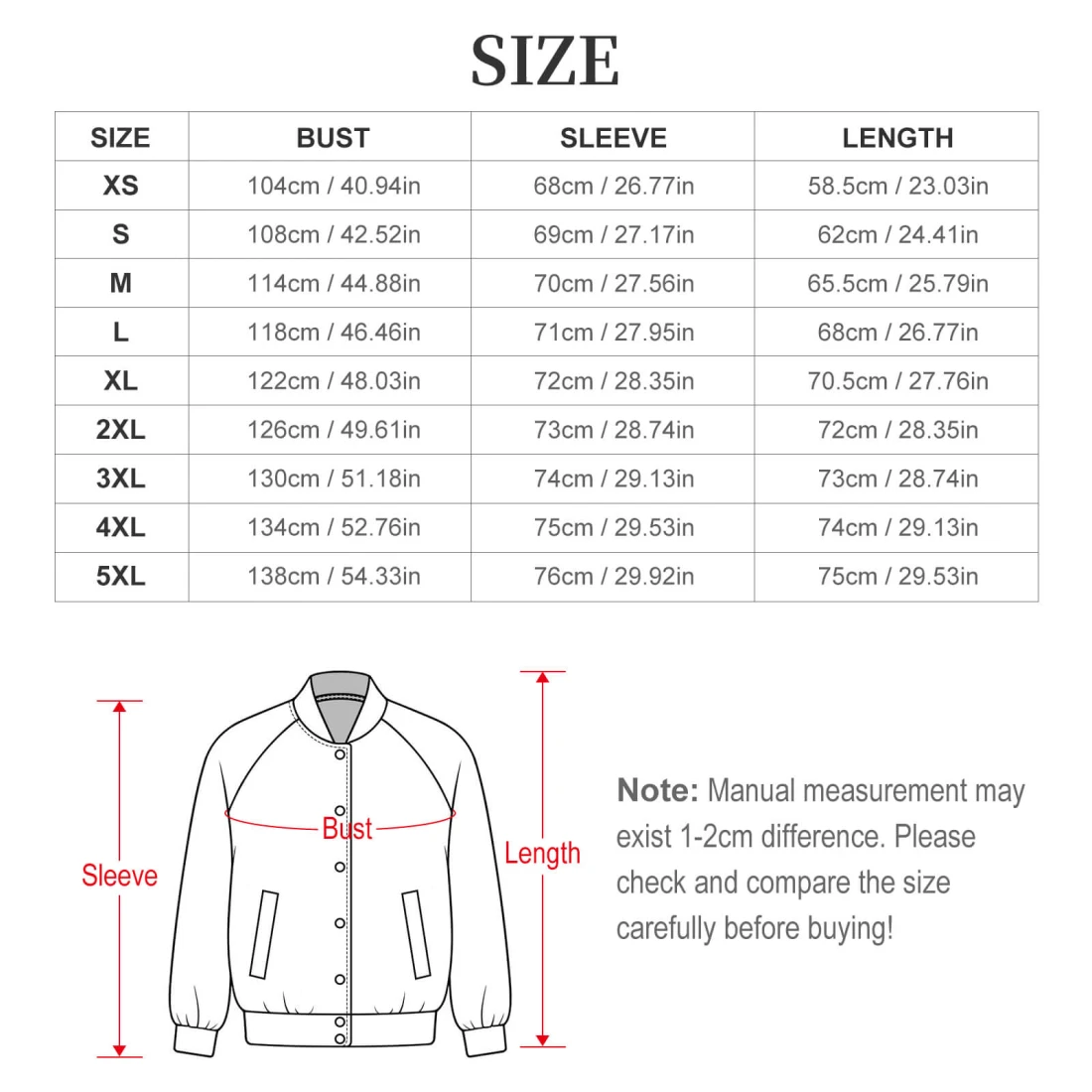 Personalized Baseball Jacket for Women with Your Custom Design size chart