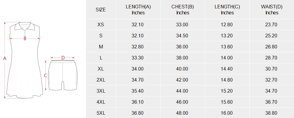 Personalized Sport Dress with Zipper Pocket and Inner Shorts size chart