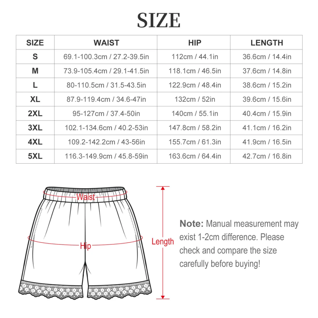 Personalized Lace Trim Pajama Shorts for Women size chart