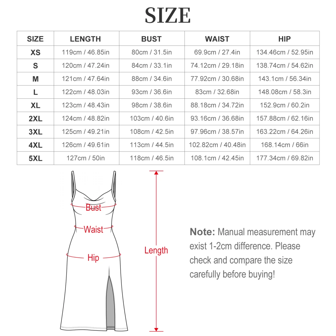 strappy slit dress for her with a personalized design size chart