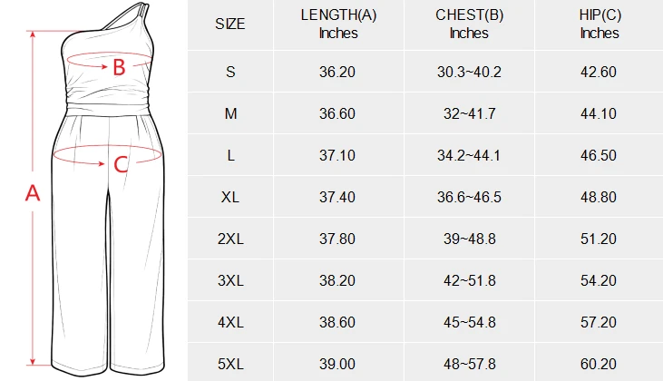 One Shoulder Jumpsuit with Custom Design and Side Pockets size chart