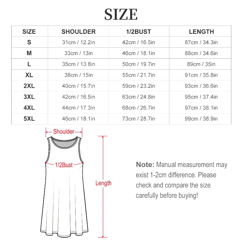 Personalized Sleeveless Dress With Your Own Custom Design size chart