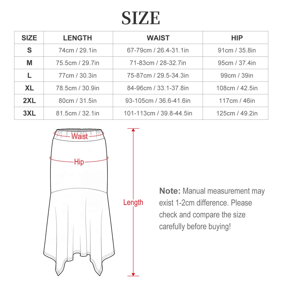 Asymmetrical Flared Maxi Skirt, Personalized With Your Design size chart