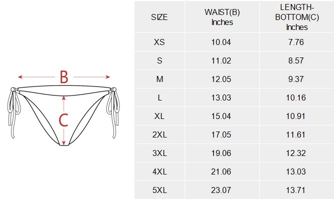 Personalized Sexy Halter Bikini Bottom with Custom Design size chart