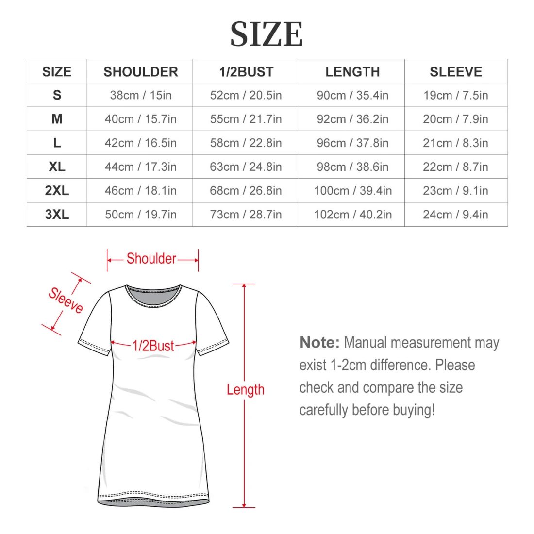 Personalized All Over Print Nightgown for Women size chart