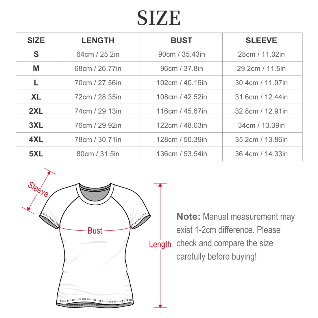 Women All Over Print Raglan T-Shirt, Personalized With Your Design size chart