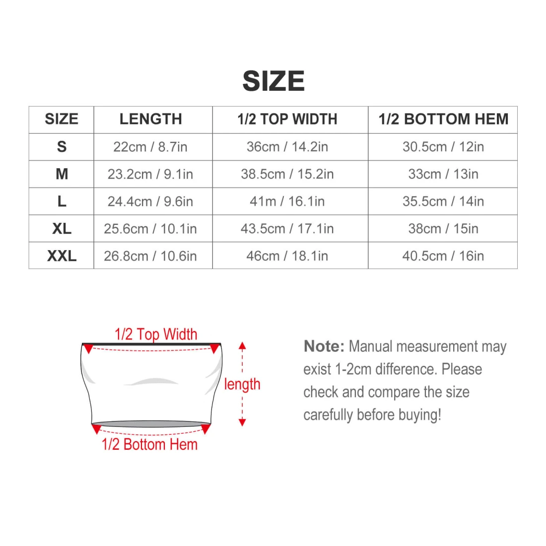 Personalized Bandeau Top with Your Custom Design size chart