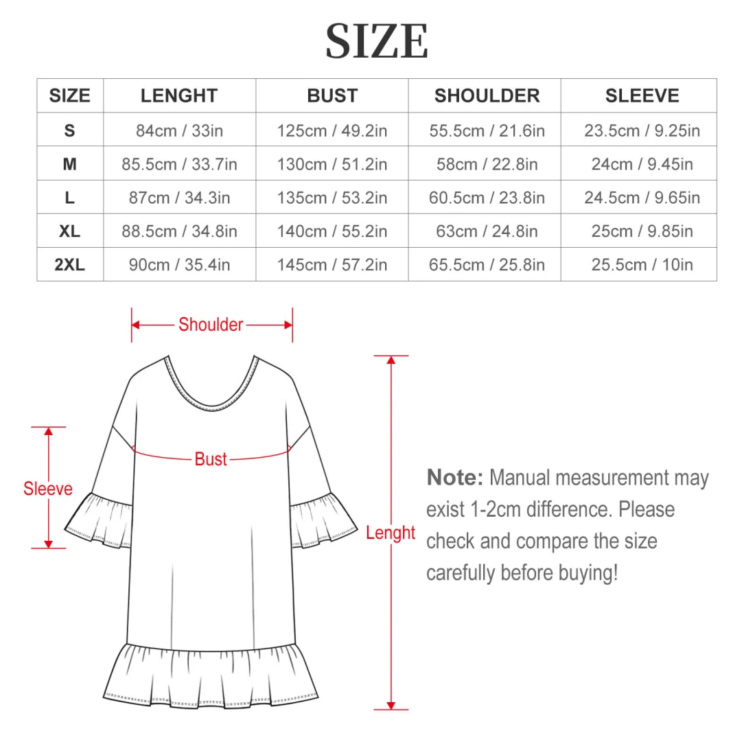 Ruffled Chiffon Beach Cover Up for Her with Custom Design size chart
