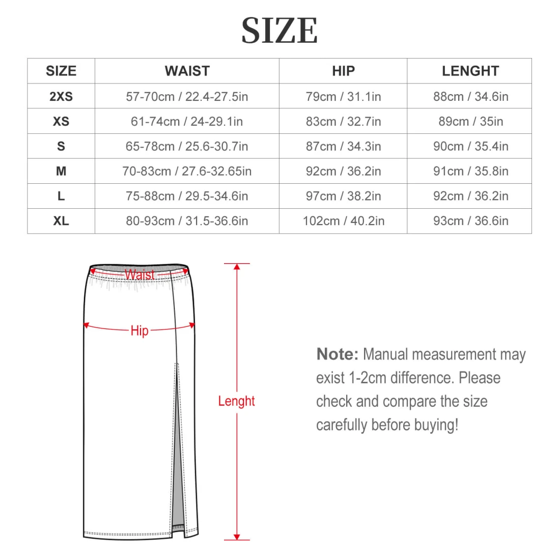 Personalized Mesh Slit Skirt for Women With Your Own Design size chart