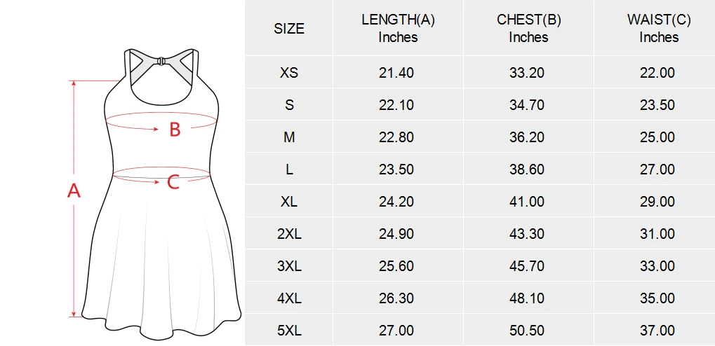 Backless Halter Tennis Dress with Custom Design for Her size chart