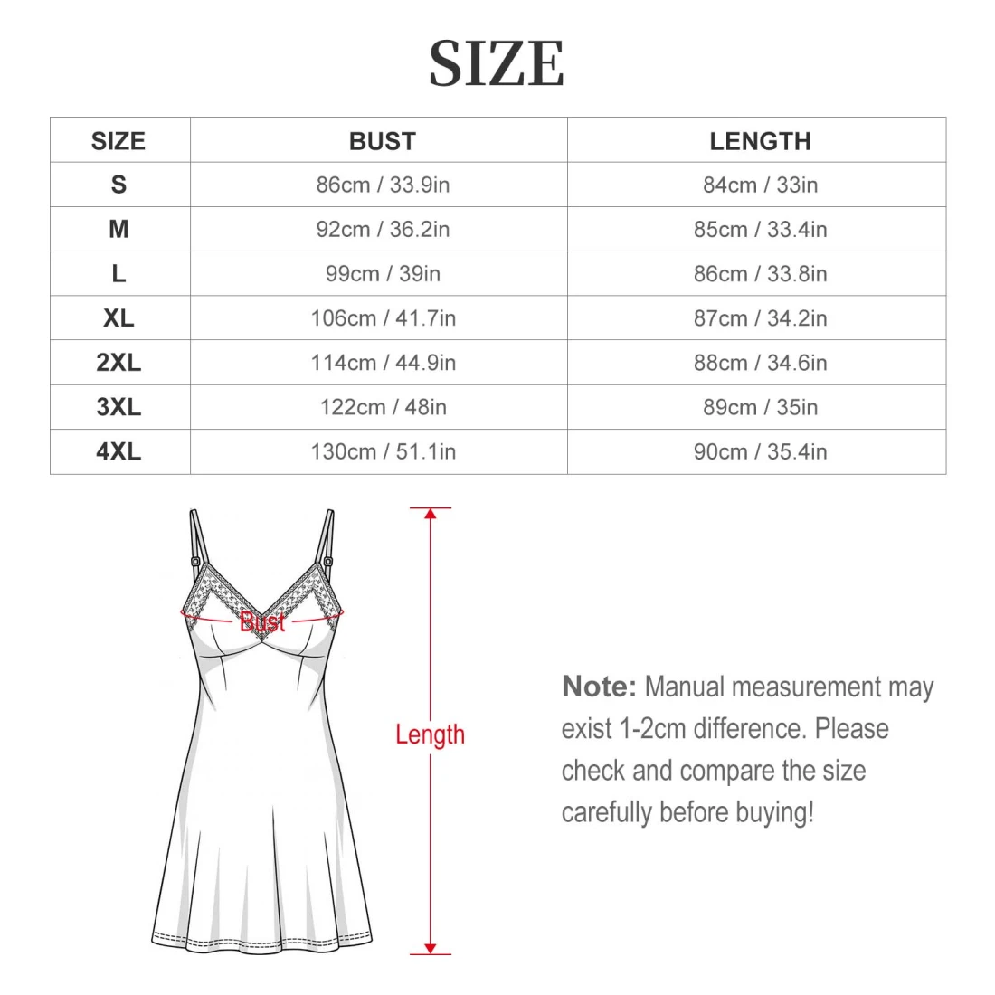 Lace Trim Camisole Nightgown for Women with Custom Print size chart