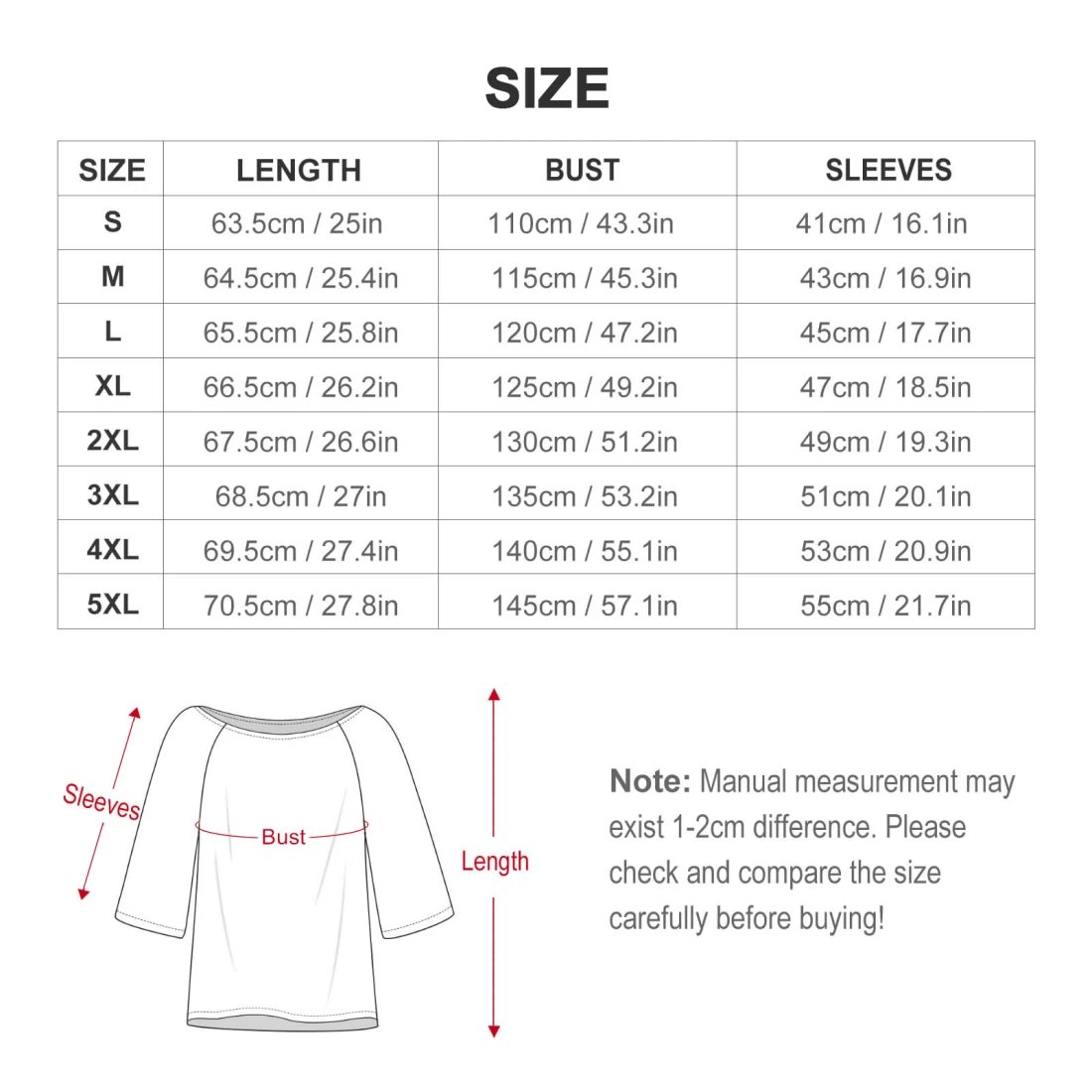 Personalized T Shirt for Her: Women's Loose Off-Shoulder Tee size chart