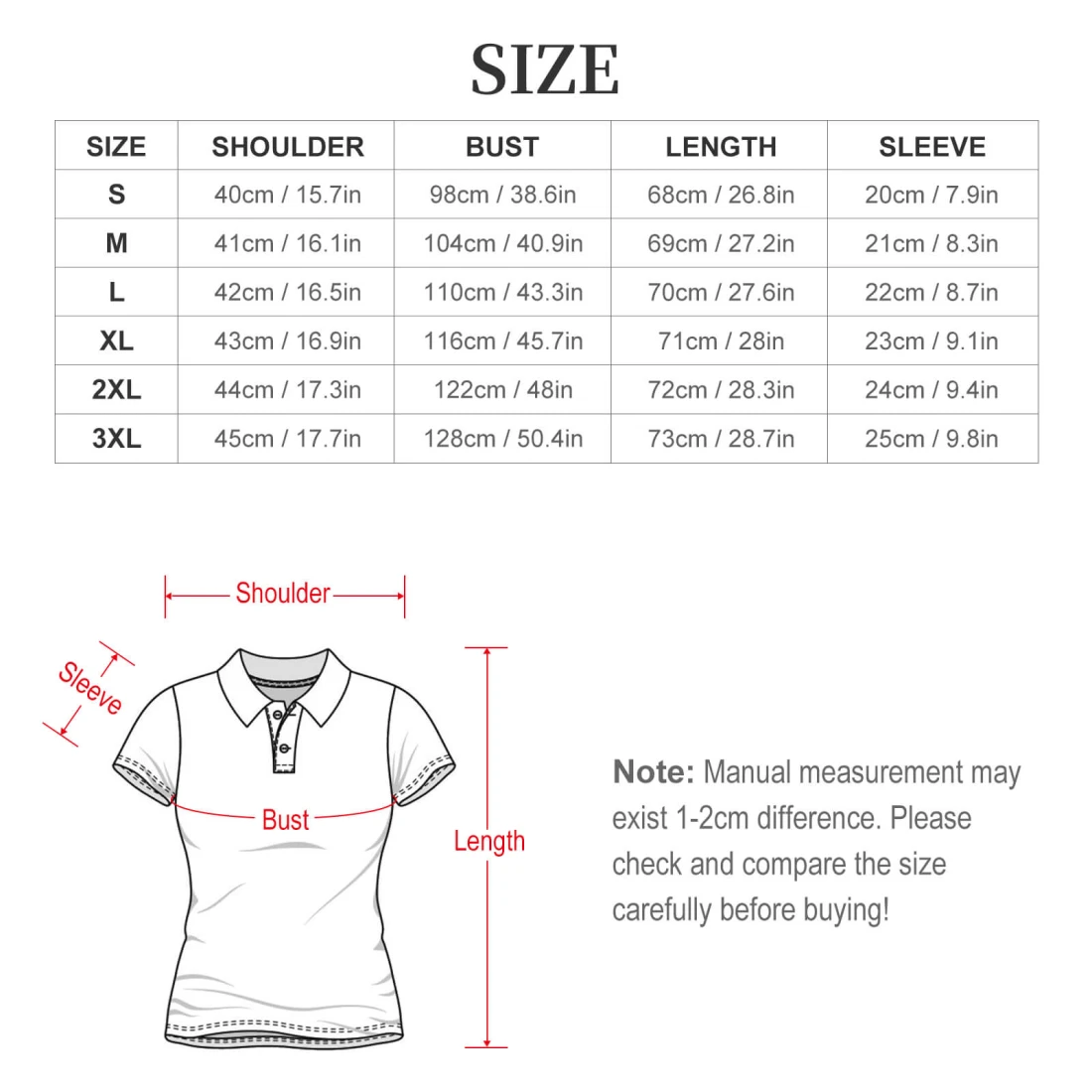 Personalized Polo Shirts for Women with Your Custom Design size chart