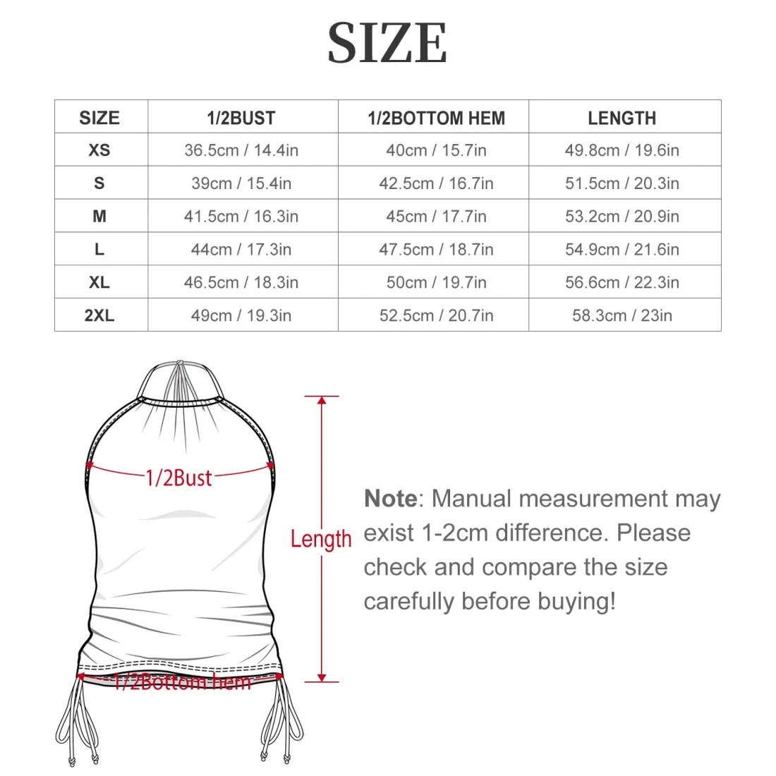 Personalized Bikini Swimsuit with Your Custom Design size chart