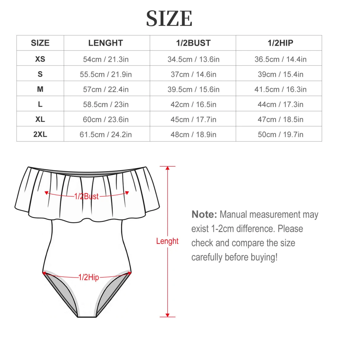 Personalized One Piece Swimsuit for Her With Off-Shoulder Ruffle size chart