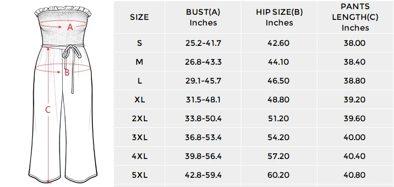 Strapless Smocked Jumpsuit for Women, Custom Print size chart