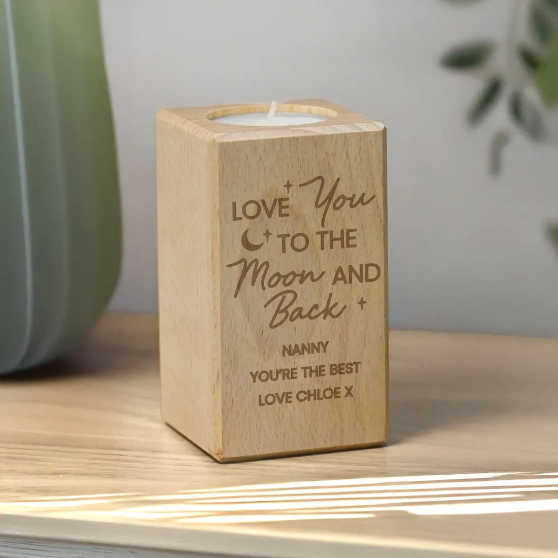 Personalised Wooden Tealight Holder, Engraved Moon Gift for Mum — photo 4