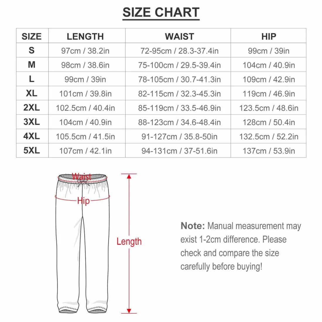 Personalized Flannel Lounge Pants for Women With Your Design size chart