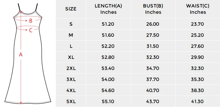Spaghetti Strap Bodycon Maxi Dress with Custom Print size chart