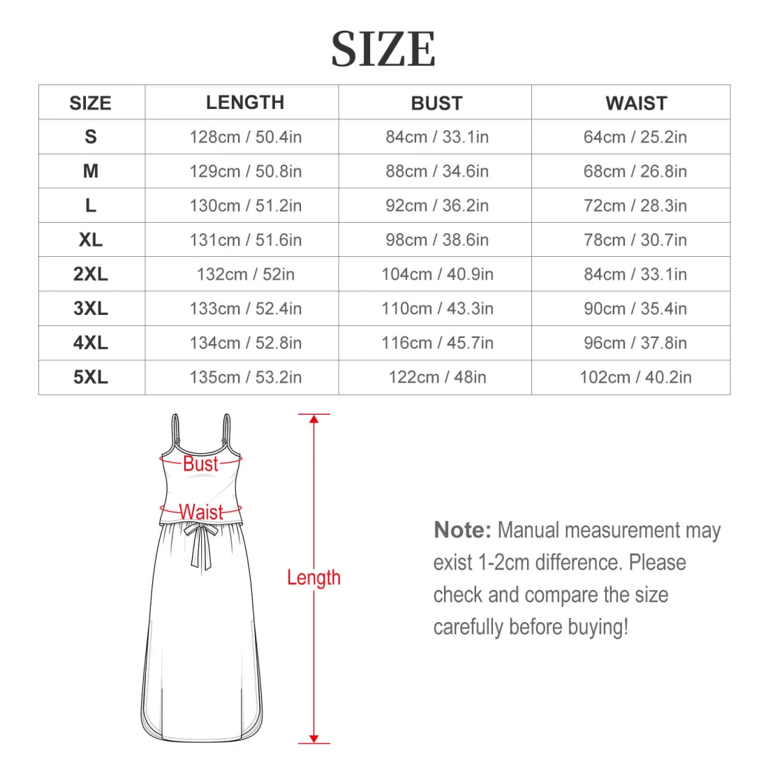 casual spaghetti strap midi dress with custom print size chart