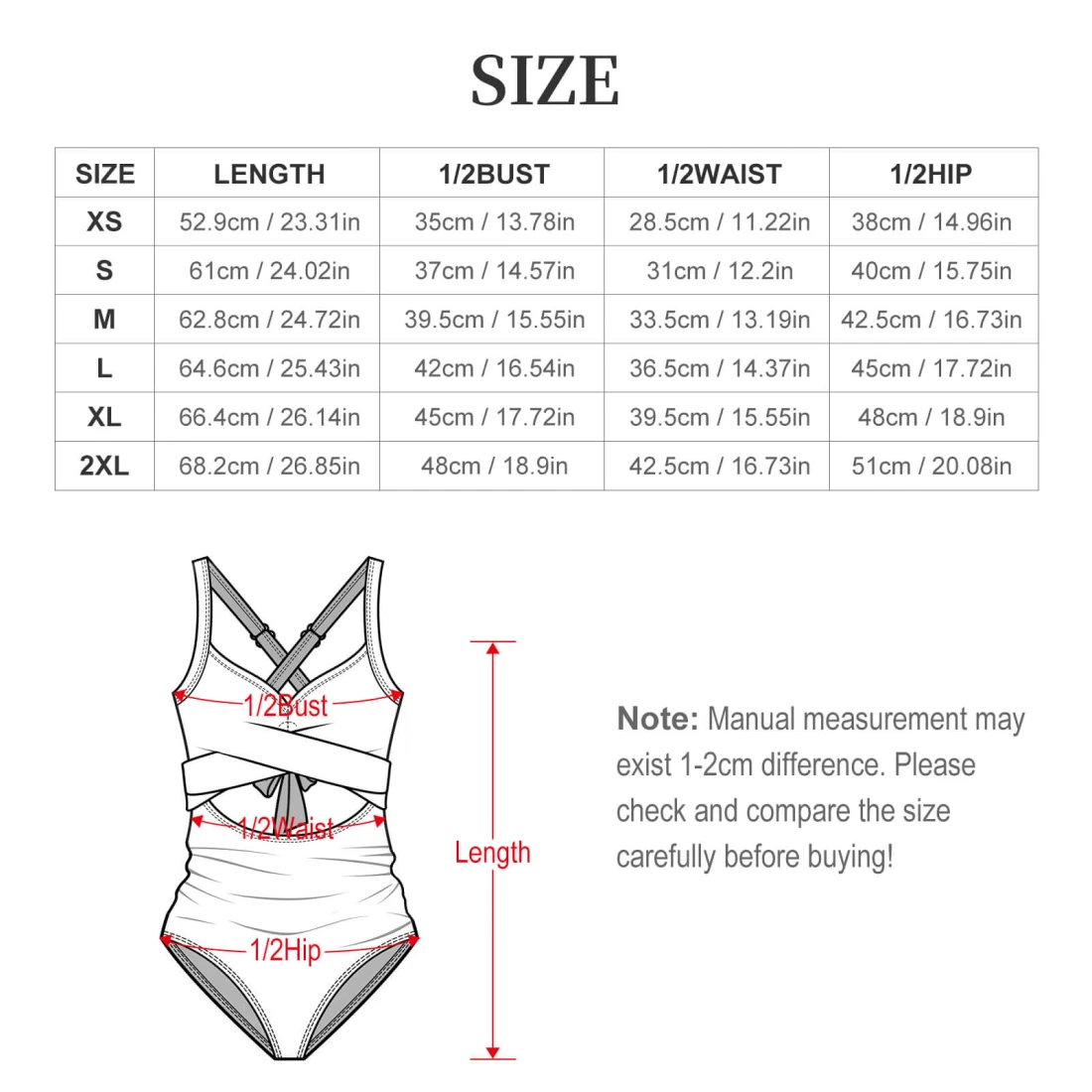 Personalized One Piece Swimsuit for Women, Twist Front Tie Back size chart