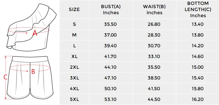 Personalized Two Piece Sets for Women, One Shoulder Ruffle size chart