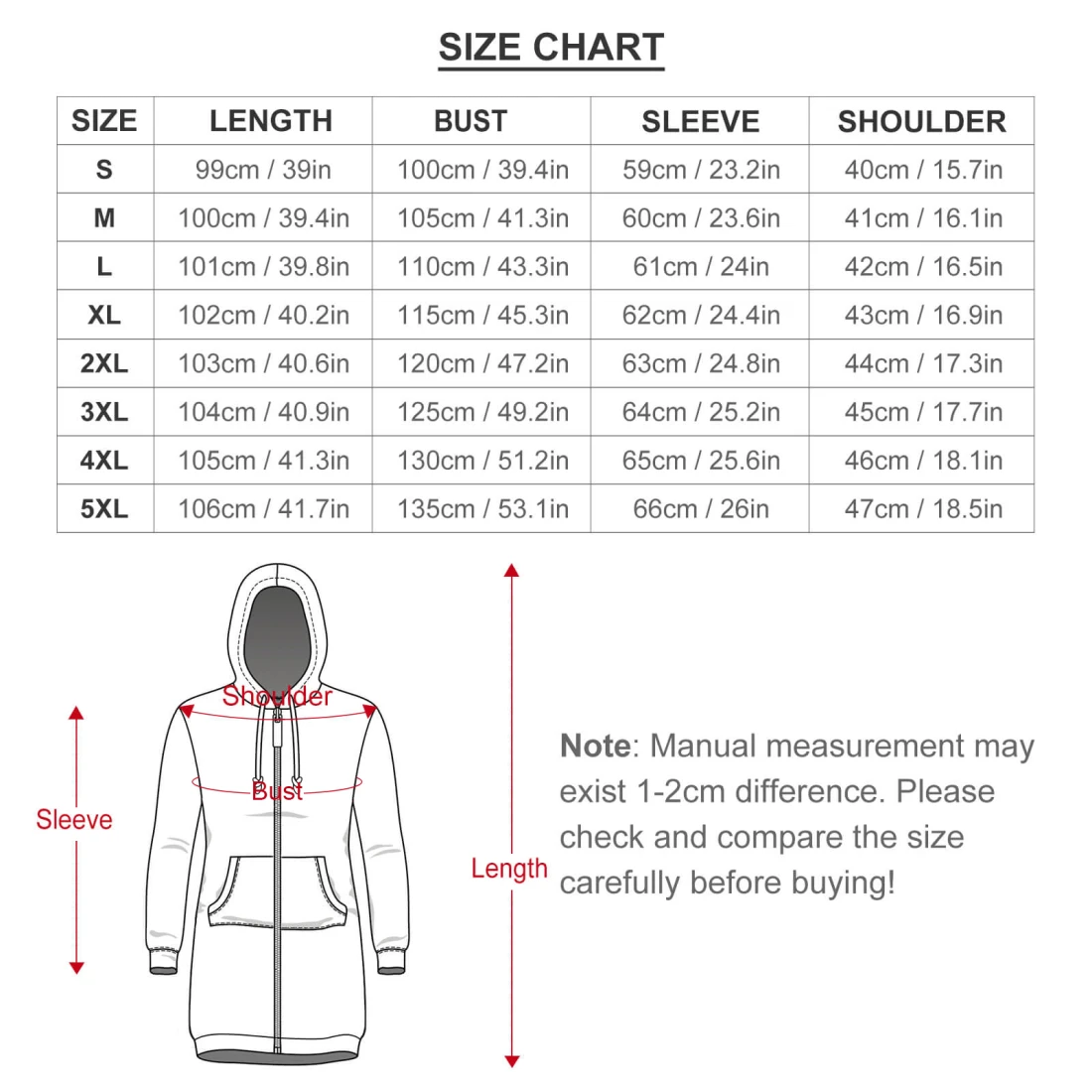 Personalized Hooded Sweatshirt Dress With Your Custom Design size chart