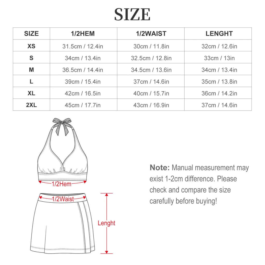 Personalized Two Piece Swimsuit: Strappy Slit Skirt Set size chart