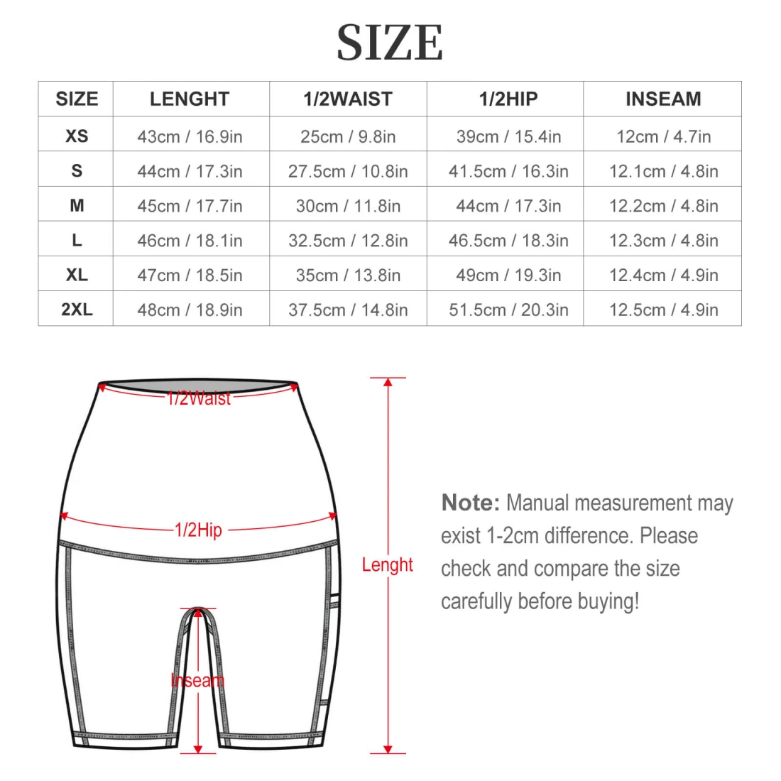 Maternity Yoga Shorts with Custom Design and Deep Side Pockets size chart
