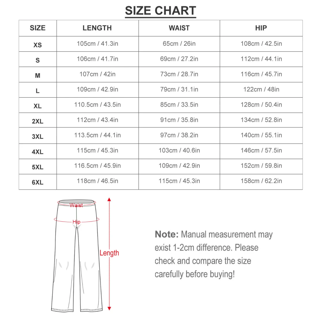 Personalized Wide Leg Pants for Women with Your Custom Design size chart