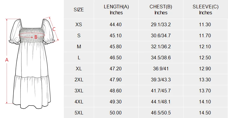 Personalized Puff Sleeve Dress for Women, Square Neck Midi size chart