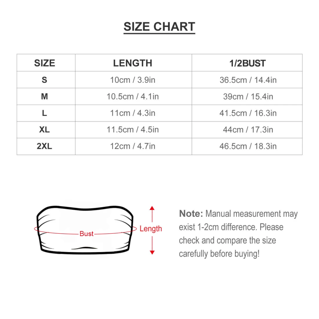 Personalized Tube Top for Women With Your Custom Design size chart