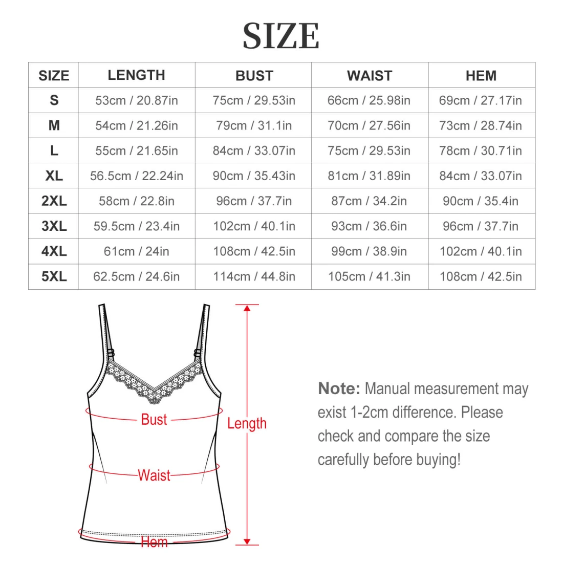 v neck camisole, personalized lace trim top for her size chart