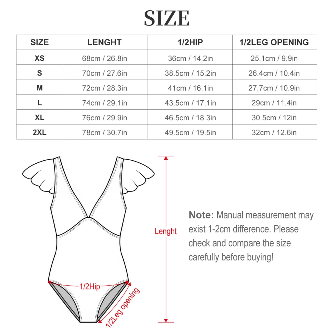 Personalized One Piece Swimsuits for Her With Your Own Design size chart