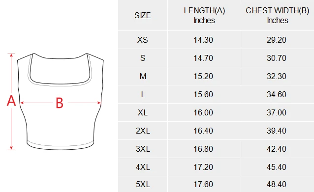 Square Neck Crop Tank Tops for Women with Custom Design size chart