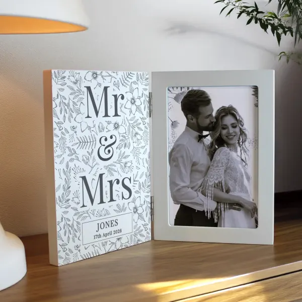 Personalised Wedding Wooden Hinged 6x4 Photo Frame, Custom Mr and Mrs Picture Frame Gift