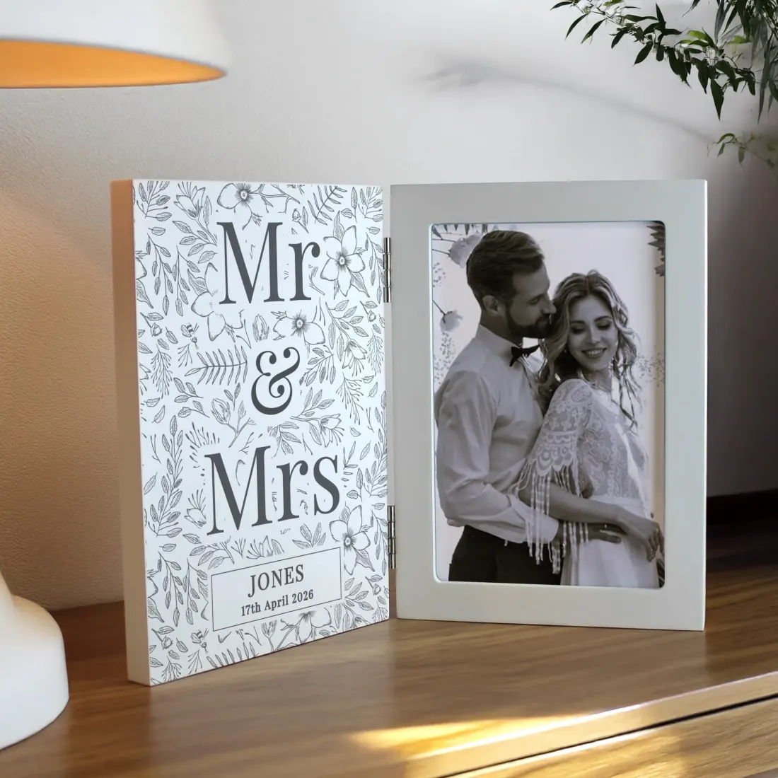 Personalised Wedding Wooden Hinged 6x4 Photo Frame, Custom Mr and Mrs Picture Frame Gift