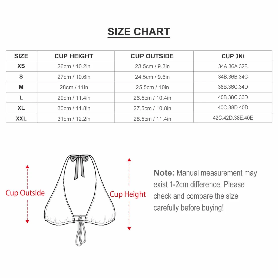 Personalized Bikini Top, Custom Design From Your Upload size chart