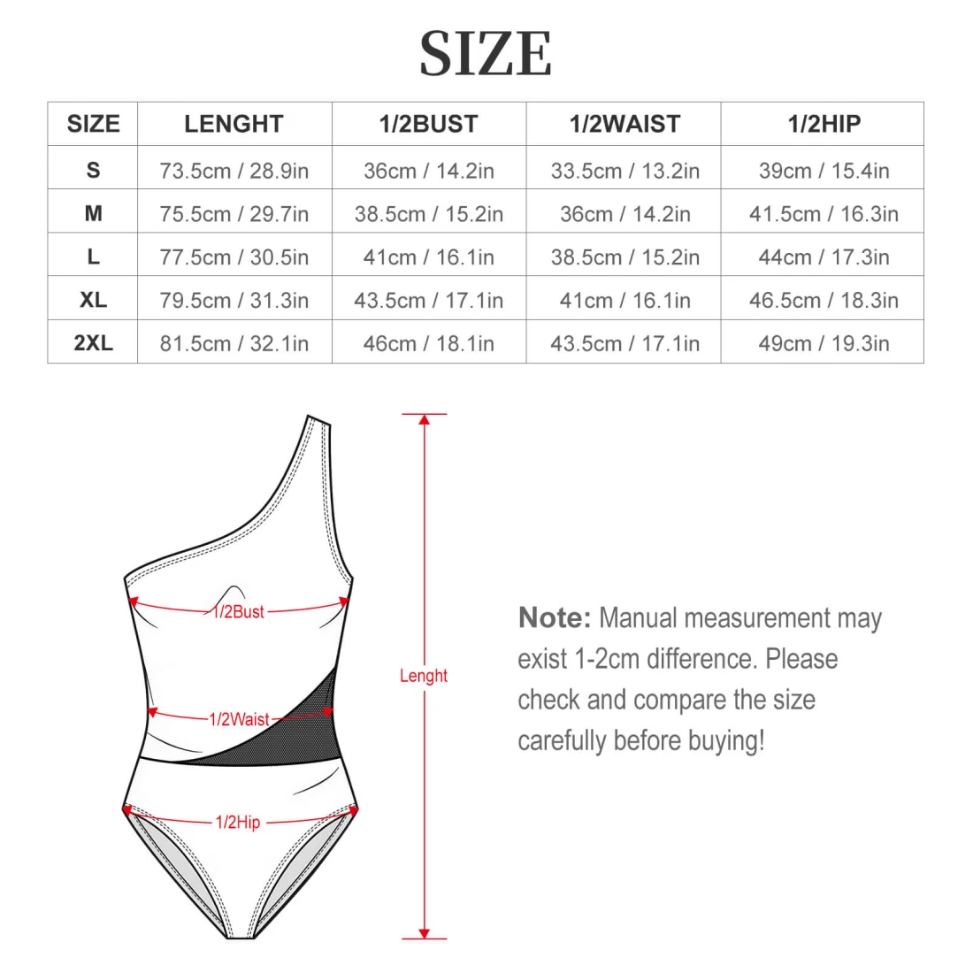 Personalized One Piece Swimsuits for Women with Your Design size chart