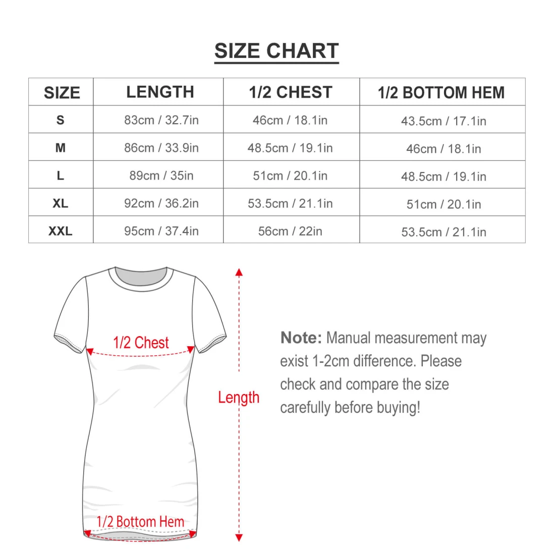 Personalized Short Sleeve Dress With Your Own Custom Design size chart