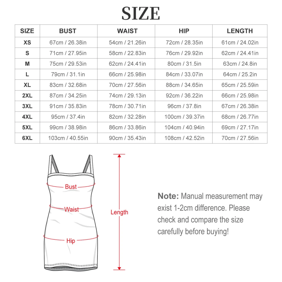 Personalized Bodycon Cami Dress for Women size chart