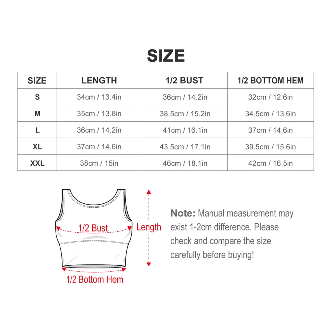 crop tank top for women with your custom design size chart