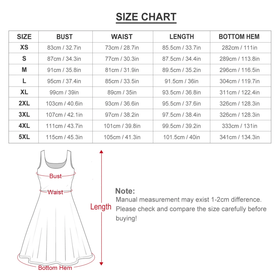 Personalized Sleeveless Skater Dress with Your Custom Design size chart