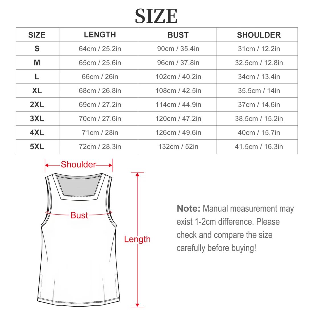 Square Neck Sleeveless Top for Women with Your Custom Design size chart