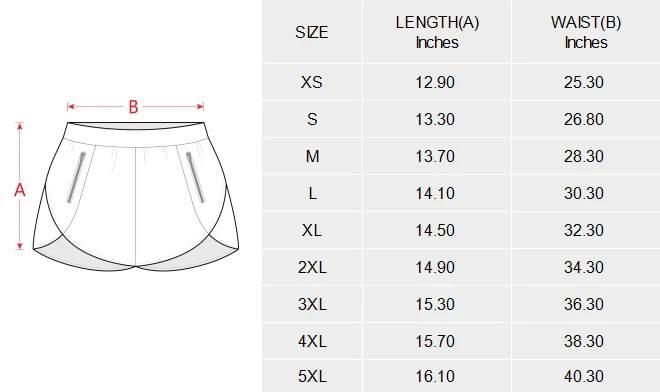 Elastic high waist shorts with zipper pocket size chart