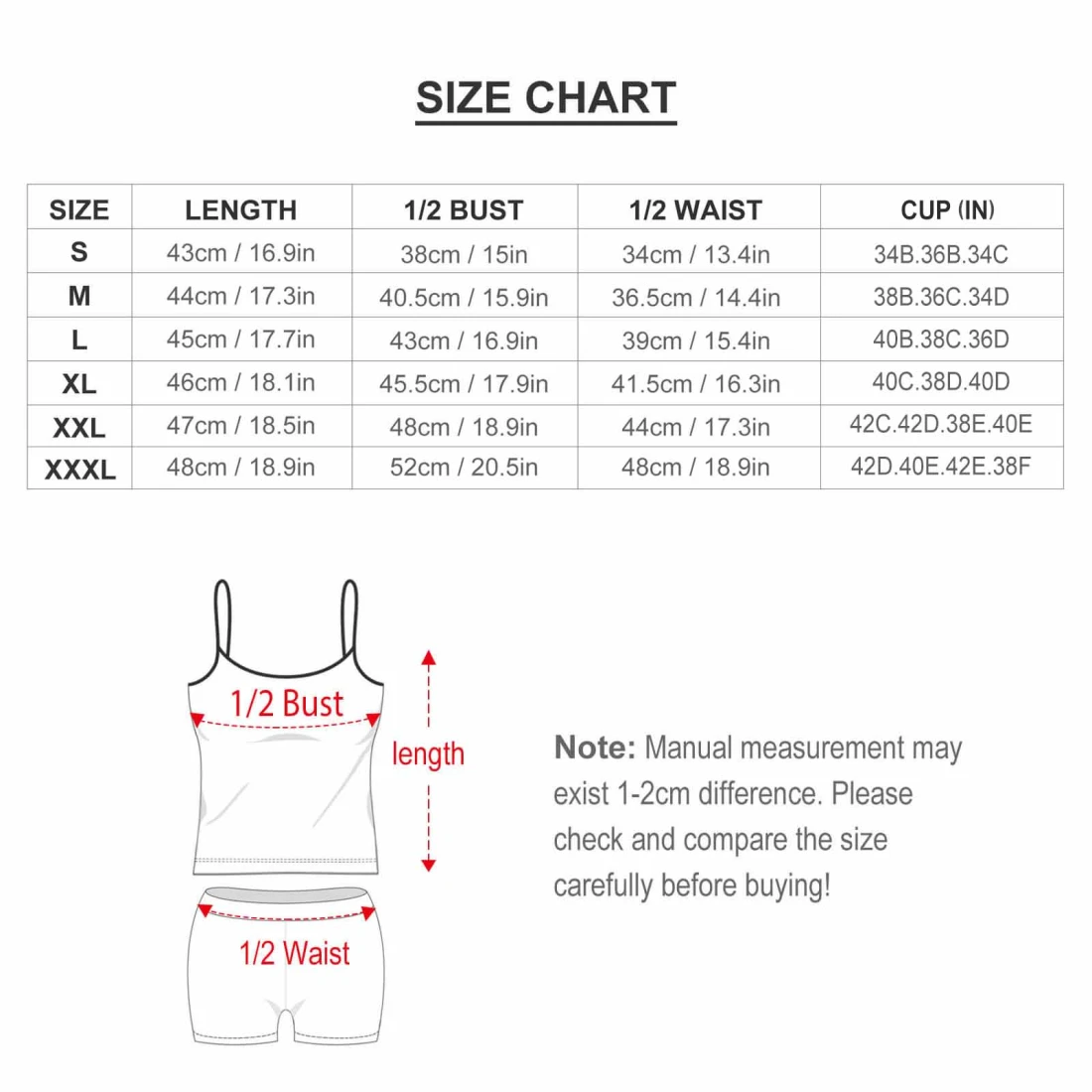 Personalized Two Piece Swimsuit for Women, Custom Design size chart
